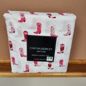 NWT! Cynthia Rowley Queen Size Sheet Set Pink Country Cowgirl Cowboy Boots